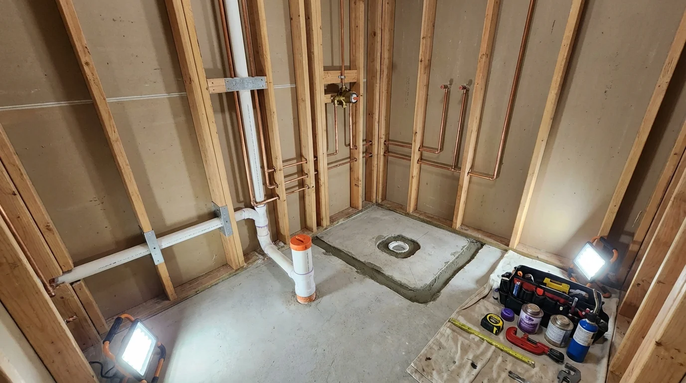 Bathroom rough-in plumbing during remodel by Johns Plumbing LLC in Mountainside