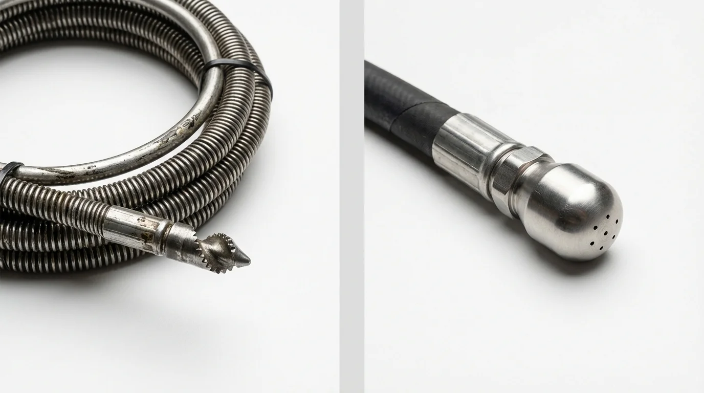 Drain snake cable and hydro jetting nozzle used for drain cleaning in Mountainside, NJ
