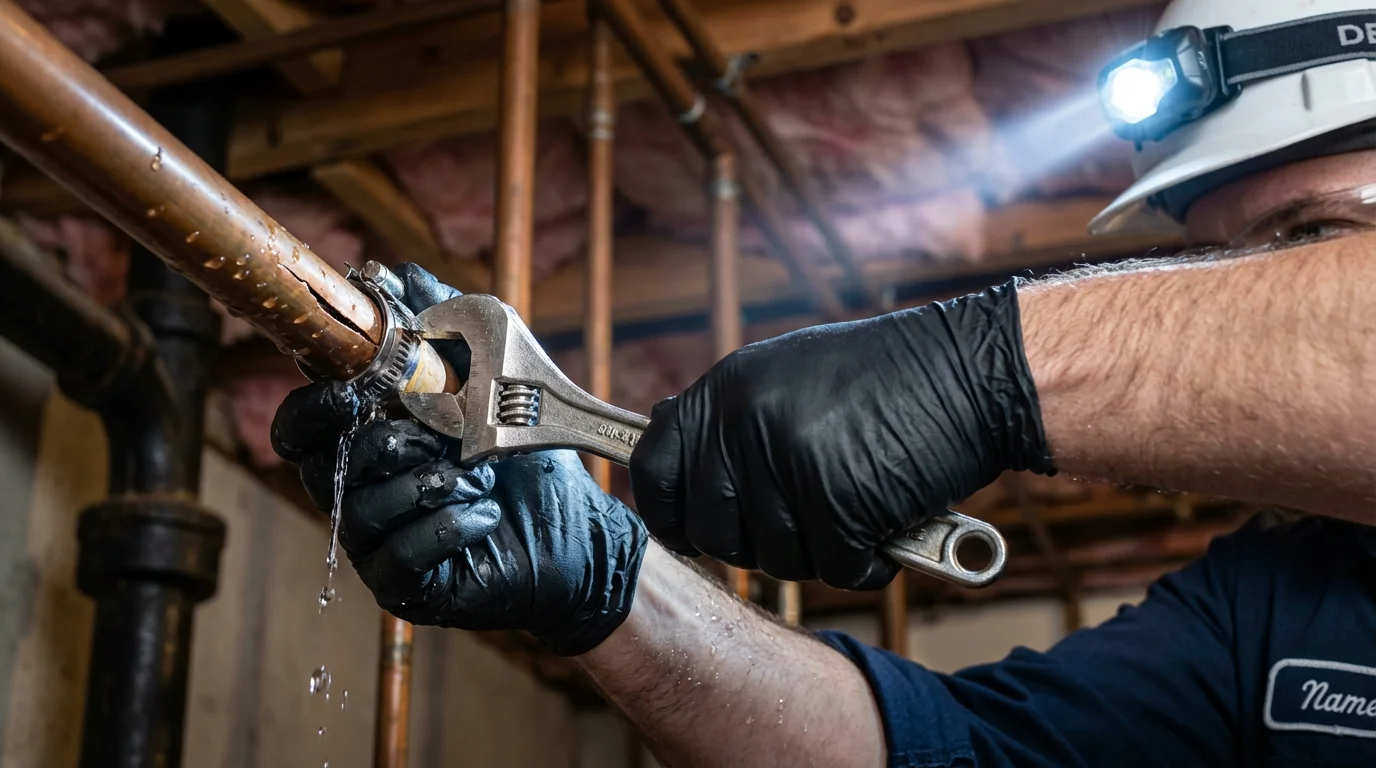 Emergency pipe clamp repair being performed by a Johns Plumbing LLC plumber in Mountainside