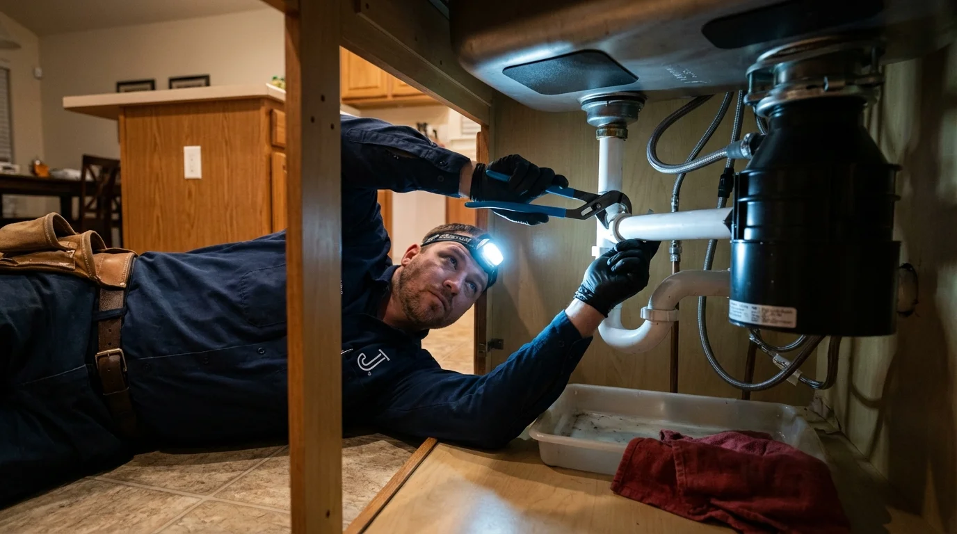 P-trap and supply line connections under a kitchen sink showing a common leak point in Mountainside, NJ